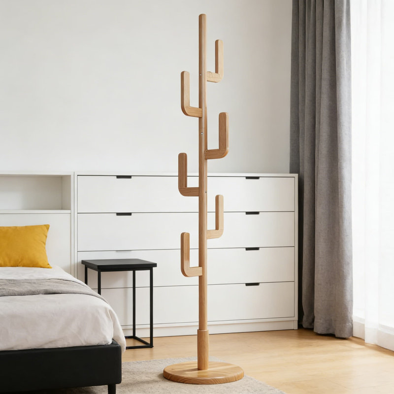 Freestanding Wooden Coat Rack With 6 Hooks, Adjustable Height, Sturdy Design For Entryway, Living Room, And Bedroom, Natural Finish