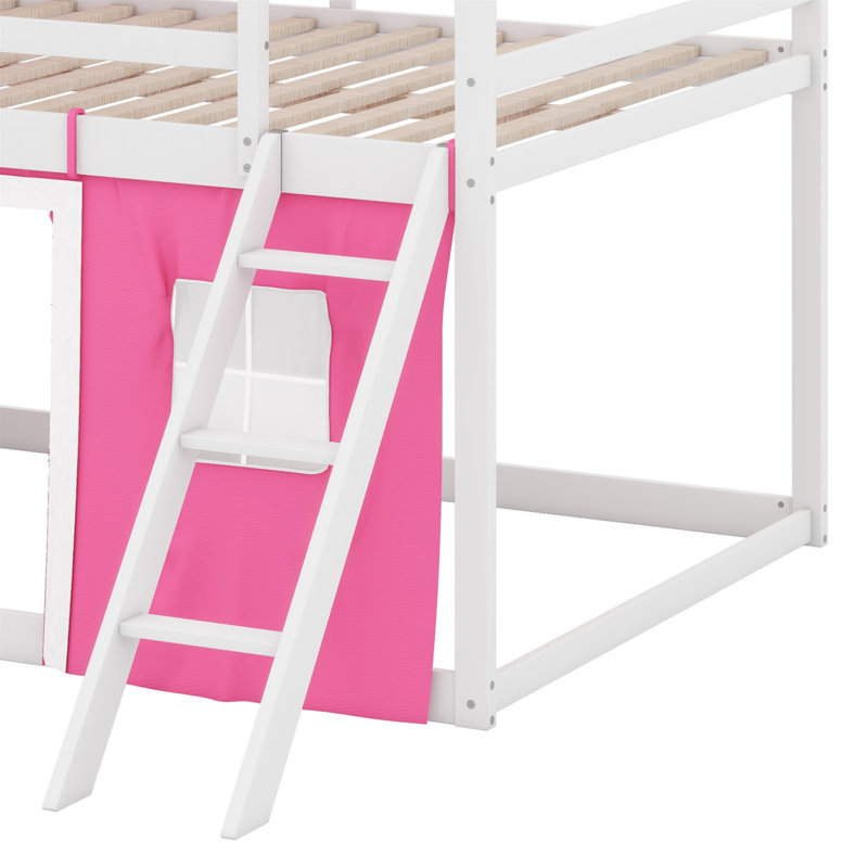 Lit double en bois avec lits élégants et fenêtres élégantes, Twin, Rose/Blanc