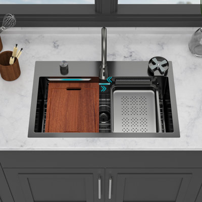 Évier de cuisine en acier inoxydable de calibre 16 T304 en acier inoxydable à chute d'eau avec guide en forme de X, robinet rétractable et passoire 31,5 X 21 9,4 pouces