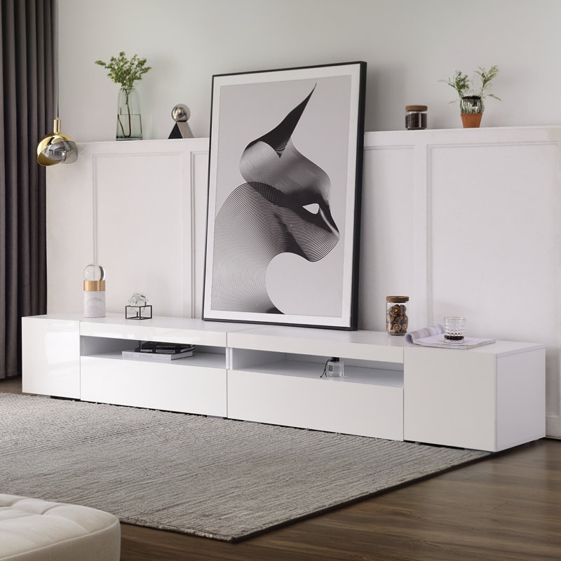 240cm TV Stand LED Lights Bluetooth USB Lowboard Media Console Entertainment Unit Living Room Lounge Base Storage Cabinet, White