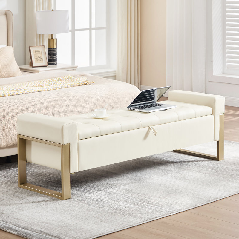 Upholstered Flip Top Storage Bench With Metal Feet, Beige