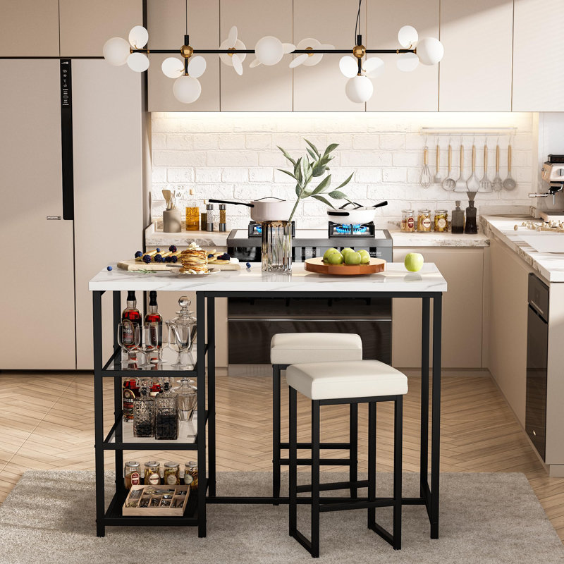 Dining Table Set for 2, Kitchen Island Bar Table Set with Storage, Faux Marble Table and 2 Stools