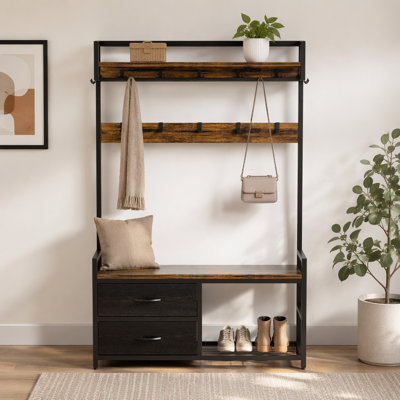 33.1" Wide Hall Tree with 2 Movable Drawers, Shoe Storage, Shelves and Garment Racks, 5in1 Entryway Bench with 23 Hooks (Fixed and Movable)