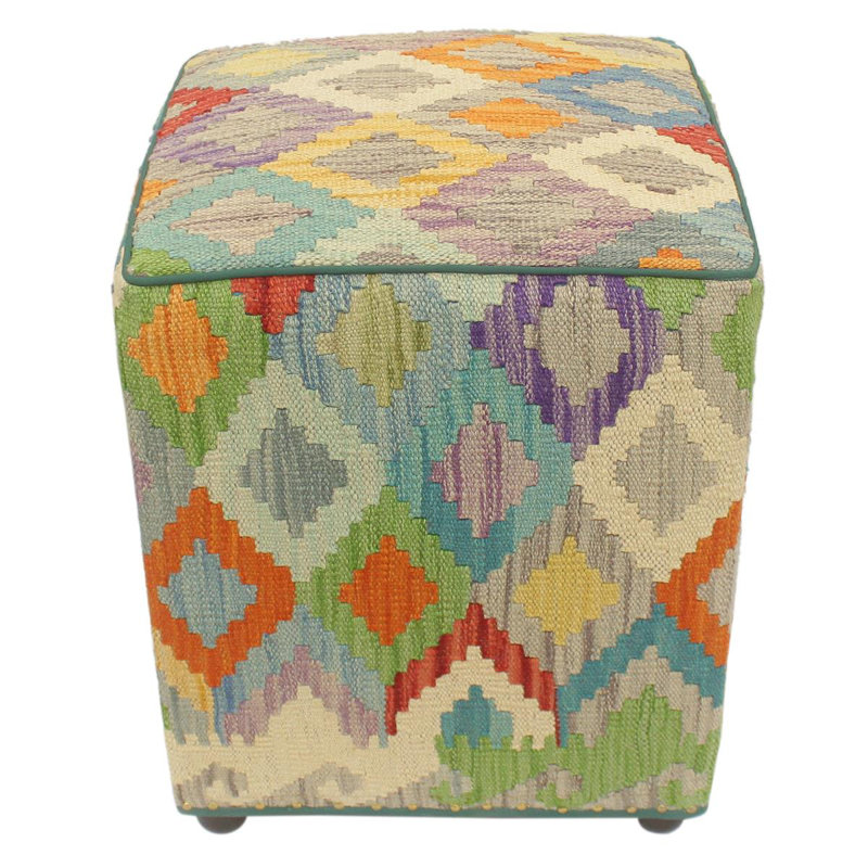 Aprea Upholstered Ottoman, Red/Dark Blue/Rust/Beige Wool