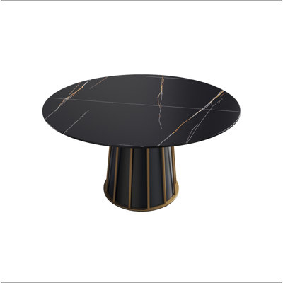 Table de salle à manger de 53,15 po en pierre artificielle ronde et ronde en métal noir pouvant accueillir 6 personnes (sans les chaises).