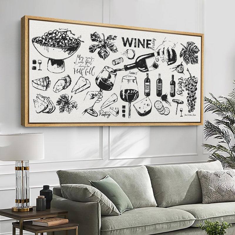 Vin noir et blanc et fromage, art moderne, H 30 po x l 60 po, Naturel