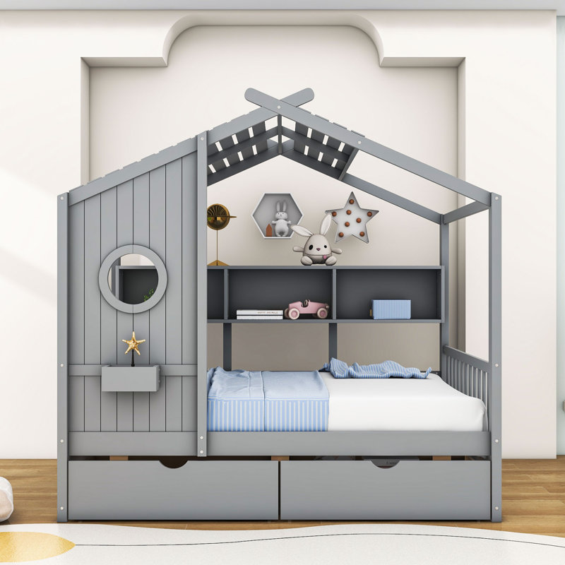 Wood Daybed with 2 Drawers and Shelves, Gray, Full / Double