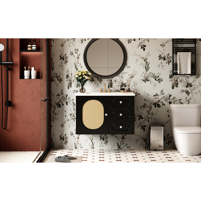 Meuble-lavabo de 24 po, lavabo en céramique brillante, deux tiroirs, décorations, évier anti-déversement de conception Mid-Century inclus, plusieurs trous