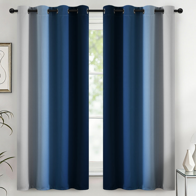 Ombre Blue  Thermal Insulated Curtains, Grommet Top Gradient Window Drapes 2 Panels, 52" W x 63" L, Blue/Grayish White