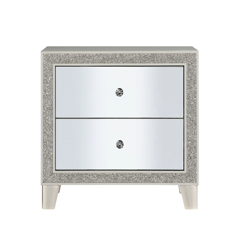 Table de chevet fonctionnelle en champagne avec façade en miroir et système de tiroirs
