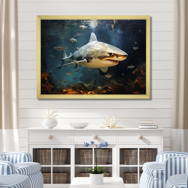 Underwater Shark Attack II - Sharkwall Art, 34" H x 44" W x 1.5" D, Gold Closed Corner Framed