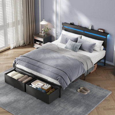 Ensemble de chambre à coucher rétro Vintage Industrial, cadre de lit plateforme à DEL avec tiroirs de rangement et chargement USB, aucun sommier nécessaire, ensemble de 2 tables de chevet avec prise de courant et port USB, mobilier de chambre multifonctionnel