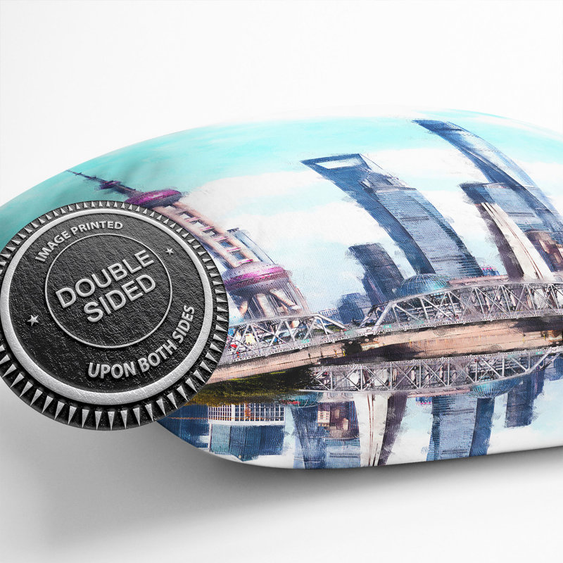 Shanghai Skyline Reflection Cushion with Filling, 55cm H x 55cm W x 20cm D