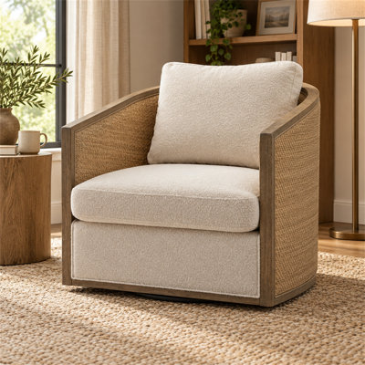 Fauteuil demi-tonneau pivotant beige, fauteuil d'appoint rond à 360 degrés avec cadre en bois enveloppé de rotin et coussin de dossier pour le salon, la chambre à coucher et la chambre de bébé