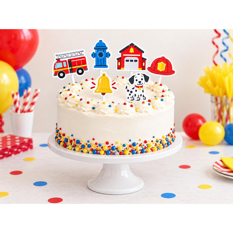 Décorations de gâteau sur le thème des pompiers, pics décoratifs pour anniversaire en forme de camion de pompiers, lot de 6 en carton sur le thème des pompiers