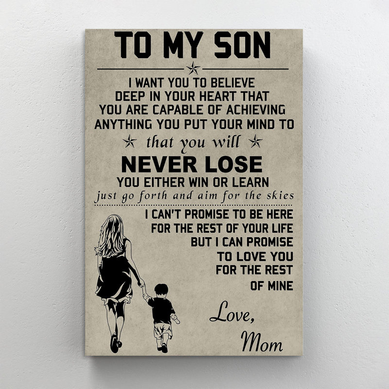«To My Son Mother and Son», art textuel sur toile tendue, H 36 po x l 24 po x P 1,25 po