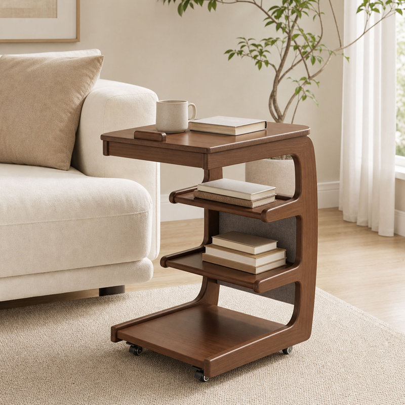 Rolling C Shaped Side Table with Adjustable Tilt Desktop and Storage