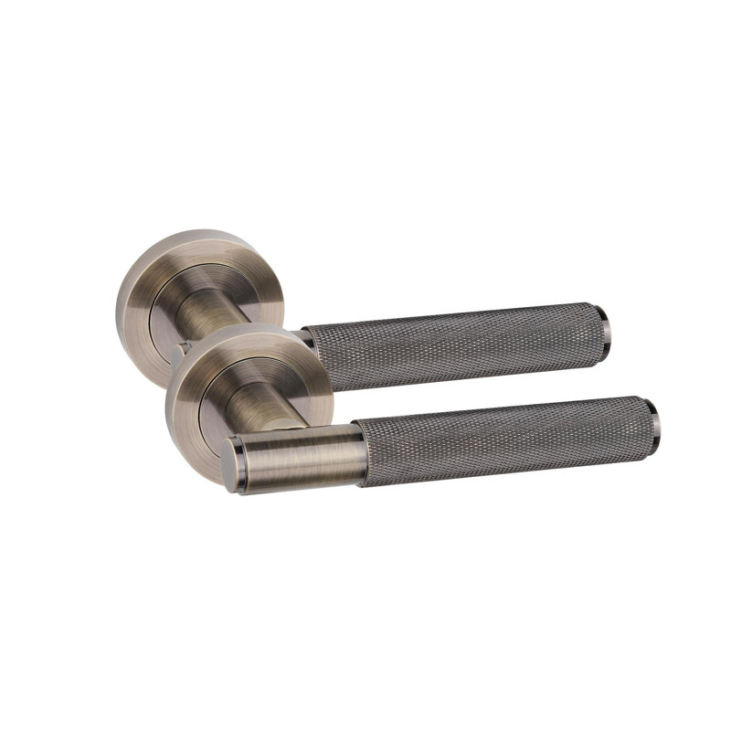  Straight T-Bar Knurled Door Handle Set in Antique Brass with Hinges and Mortise Lock