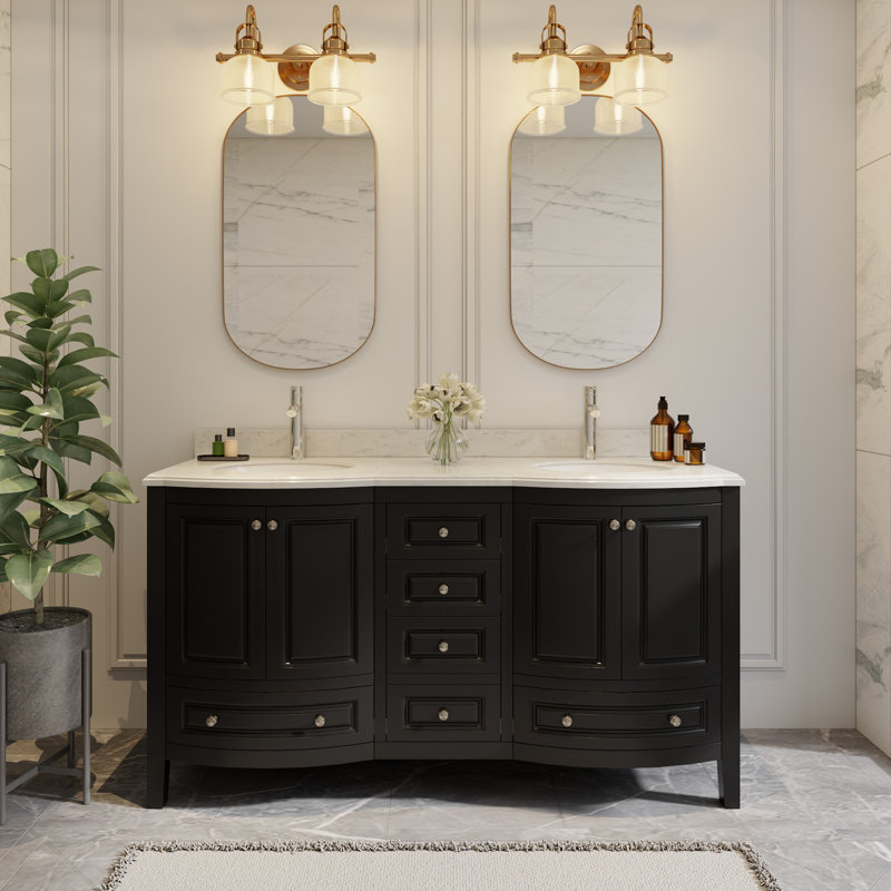 Mandilyn 60" Fully Assembled Double Sink Bathroom Vanity with Engineered Stone Top, Ceramic Sink, Hand Paint, Black