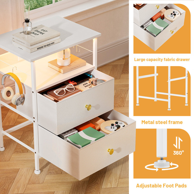 White LED Nightstand with 3 Drawers and Charging Station
