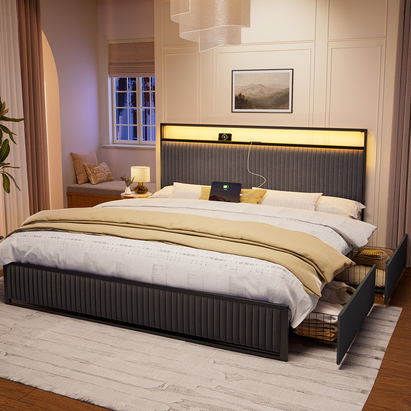 Antioch Upholstered Bed Frame with 2 Storage Drawers, Modern Platform Bed with Charging Station & LED Light, No Spring Box Needed