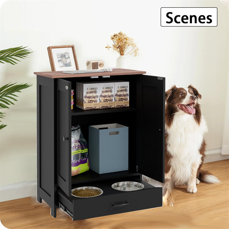 Station d'alimentation pour animaux, armoire de rangement pour aliments pour animaux avec bols cachés pour animaux de compagnie, panneau réglable