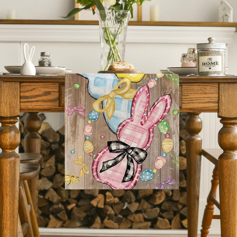 Table Runner - Multicolor, Wood Floral Bow, Bunny & Eggs, Easter & Spring Table Décor
