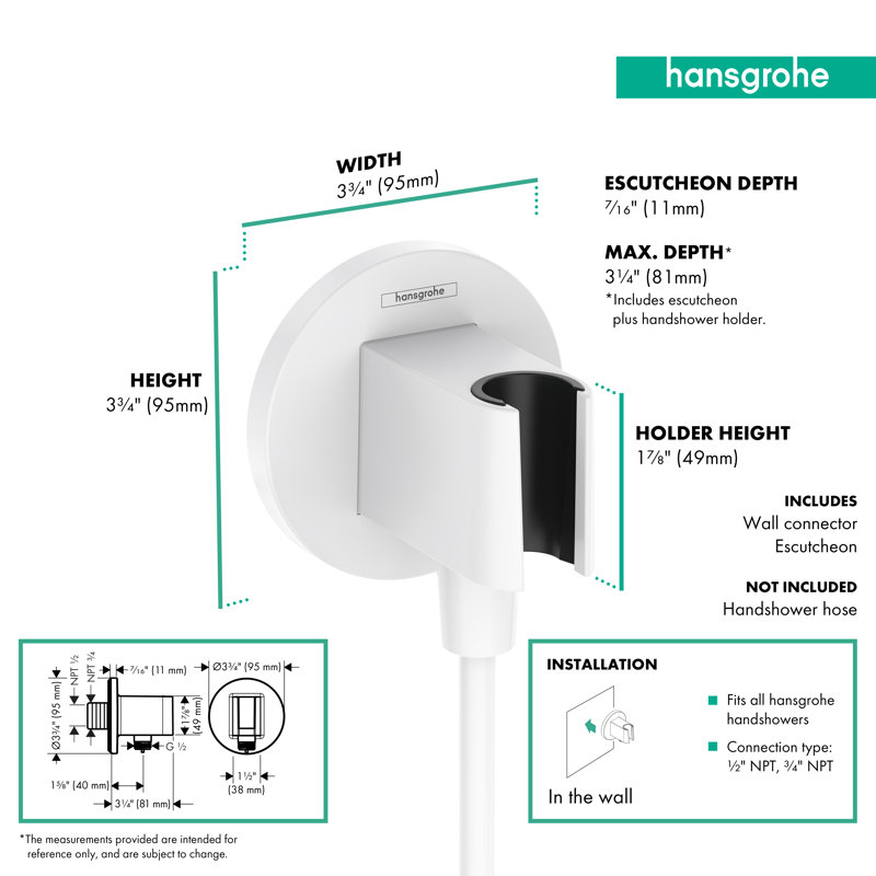 Prise murale avec douchette hansgrohe FixFit S, Blanc mat