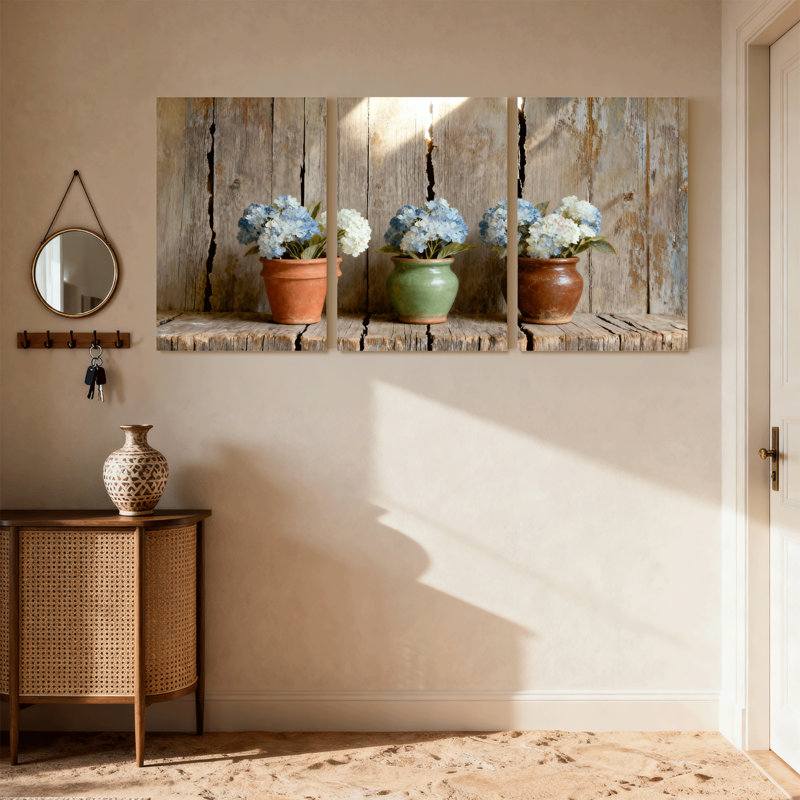 Fleurs d'hortensia en pots sur tablette en bois, ensemble de 3 impressions sur toile, H 30 po x l 60 po