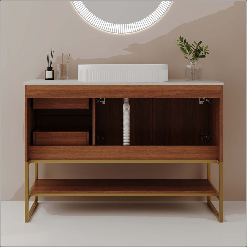 Meuble-lavabo moderne 36 po avec lavabo vasque en céramique, Ovale, Noyer
