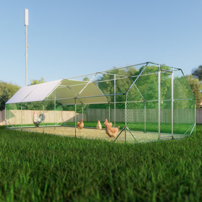 9.94 Ft. X 25.68 Ft. Walk-in Galvanized Metal Chicken Coop - Weatherproof Poultry Run With Uv-resistant Tarp & Lockable Door