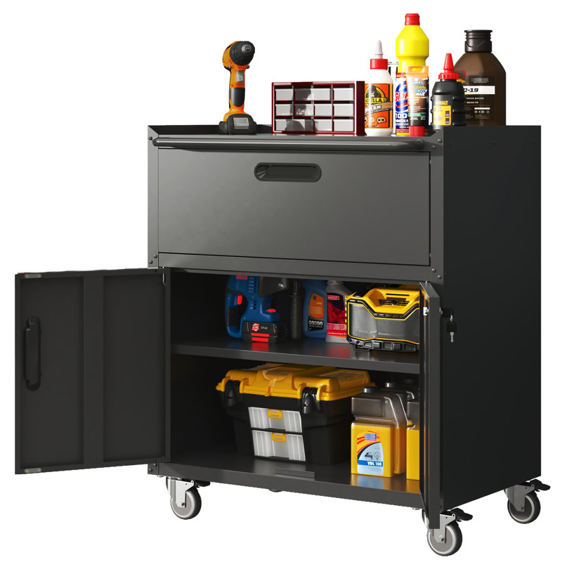 Mobile Heavy-Duty Garage Cabinet - 1 Drawer, Secure Locking System, Black And Grey Metal For Work 2 Doors, 360 Rotatable Wheels,