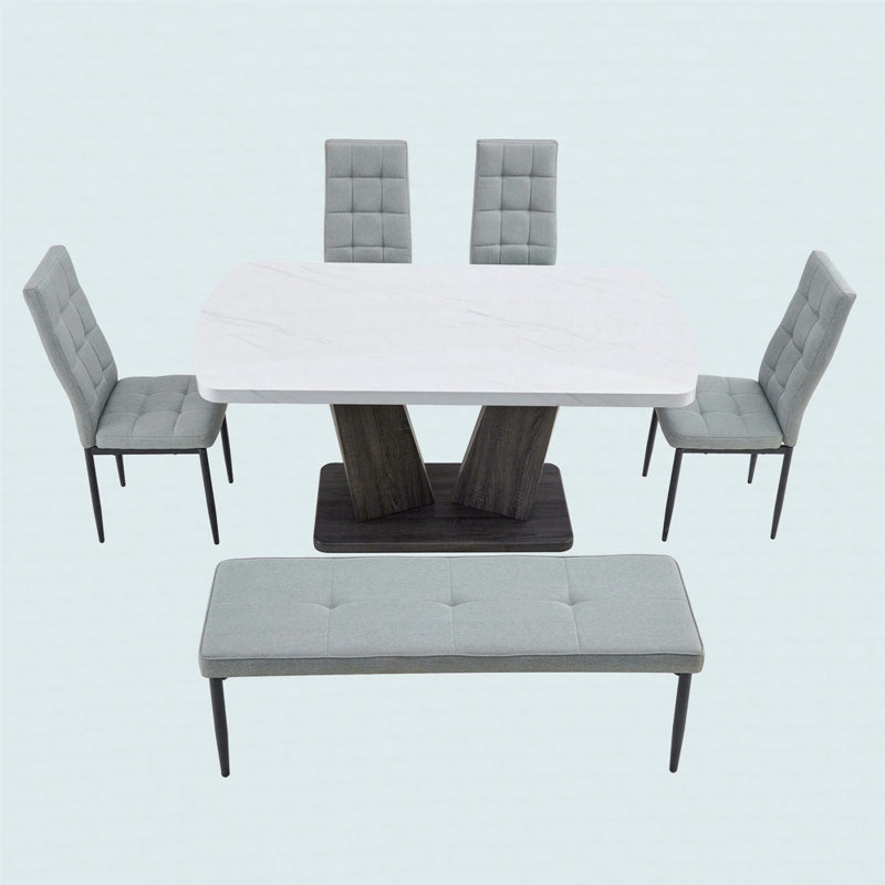 Ensemble de table de salle à manger 6 pièces en faux marbre avec pieds en forme de V et 4 chaises et banc rembourrés
