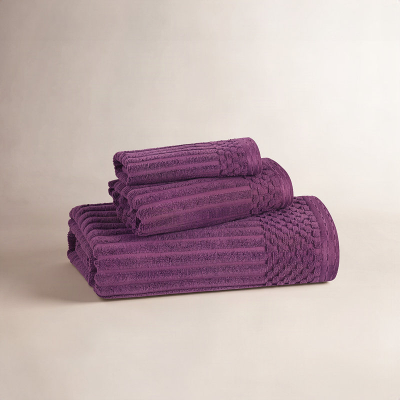 Soho Spa Highly Absorbent Cotton 3 Piece Assorted Size Checkered Border Towel Collection, Purple
