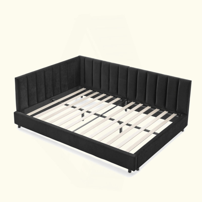 Reversible L-Shape Upholstered Platform Bed With Velvet Fabric Design, Black