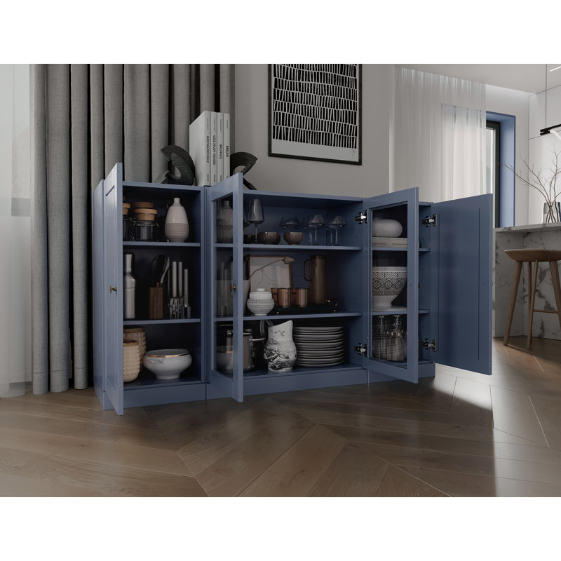 Buffet 100% bois massif 65 po avec portes en verre transparent et tablettes réglables, Bleu antique