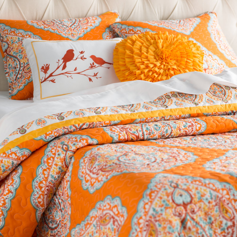 Harley Microfiber Reversible 5 Piece Quilt Set, Full/Queen Quilt+2 Standard Sham+2 Throw Pillow, Tangerine