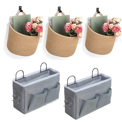 5Pcs Wall Mounted Storage 3Pack Woven Pouchs Boho Style Wall Mounted Bag And 2Pcs Middle Wall Hanging Organizer Bag