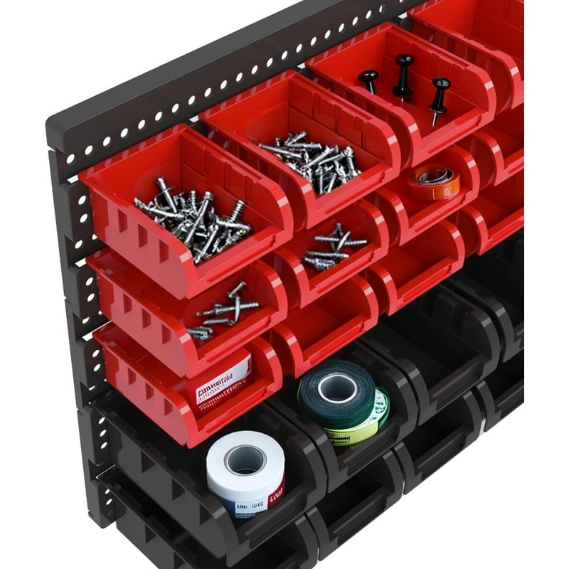 Organisateur de bacs de rangement mural robuste, Rouge / Noir, H 16,1 po x l 25,2 po x P 6,5 po