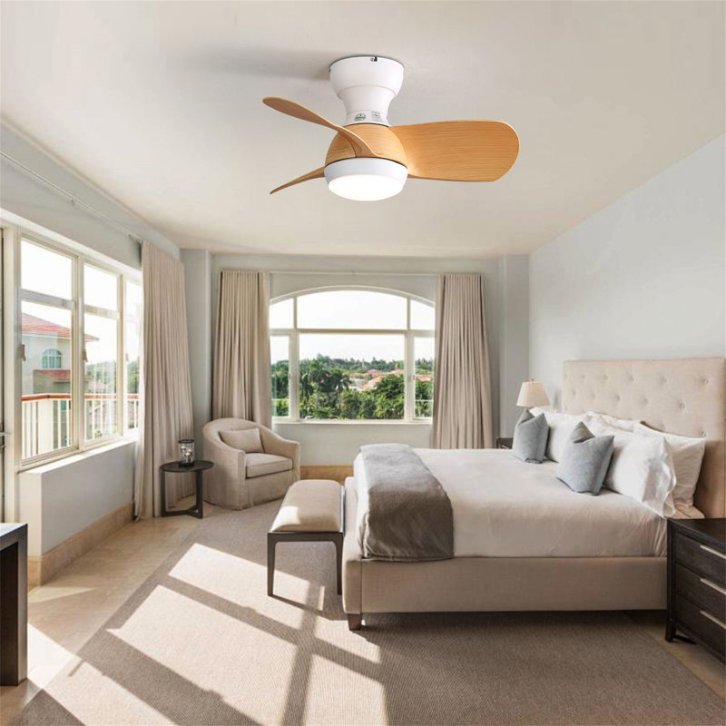 23 Inch Mini Led Ceiling Fan With 3 Color Dimmable 3 ABS Blades Remote Control DC Motor For Bedroom, White, Natural Wood