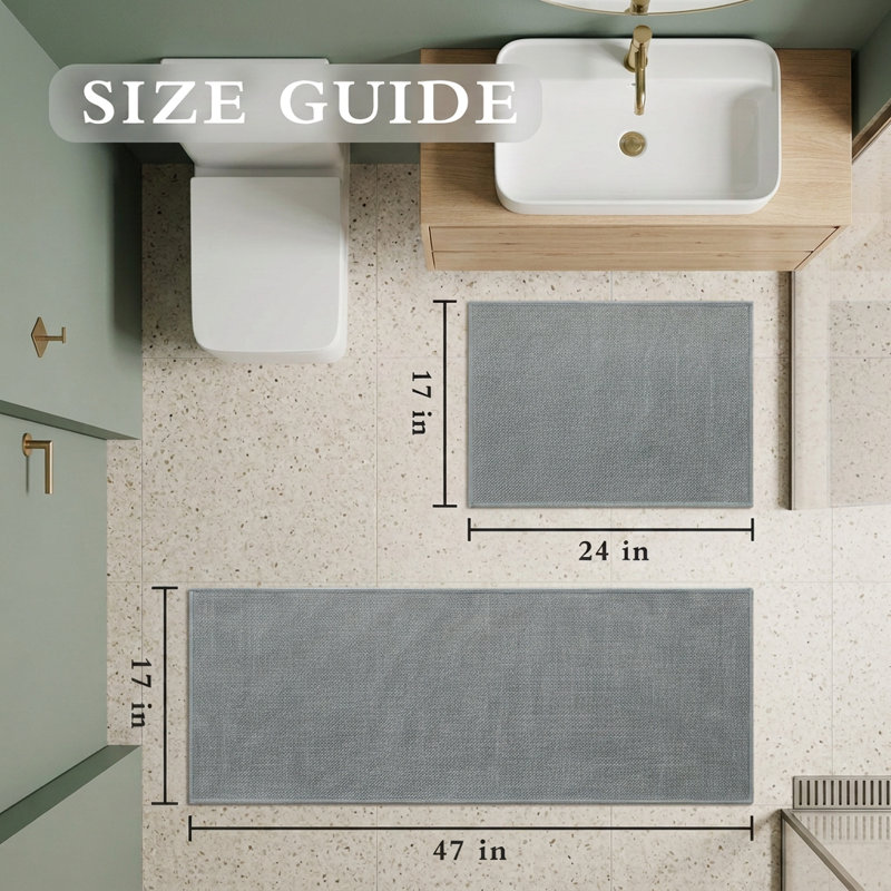 Ensemble de 2 tapis pour salle de bain à aspect lin texturé avec envers antidérapant, Gris clair