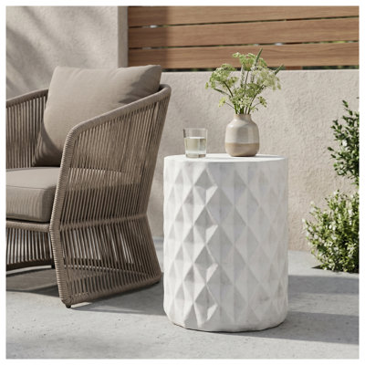 Antique White Magnesium Oxide Cylindrical Outdoor Side Table - Lightweight Concrete Look, Geometric Detail, Weather Resistant Patio End Table
