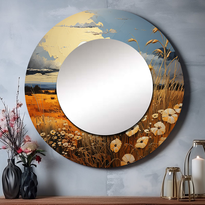 Yellow Blue Prairies Whispers Patchwork II - Prairies Decorative Wall Mirror, Gold Large Round Mirror, Printed Metal Art