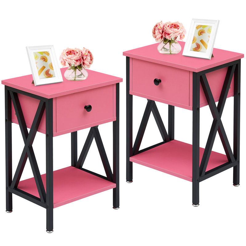Alameen 22" Tall Nightstand, End Side Tables with Storage Drawer and Open Wood Shelf for Bedroom, Pink