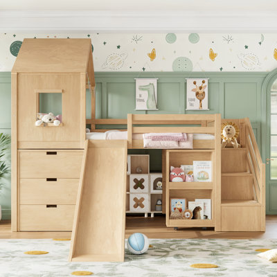 Twin Playhouse Loft Bed with Storage Drawers, Stair Shelves, Pull-Out Desk, Slide & Play Window, Kids House Bed, Natural