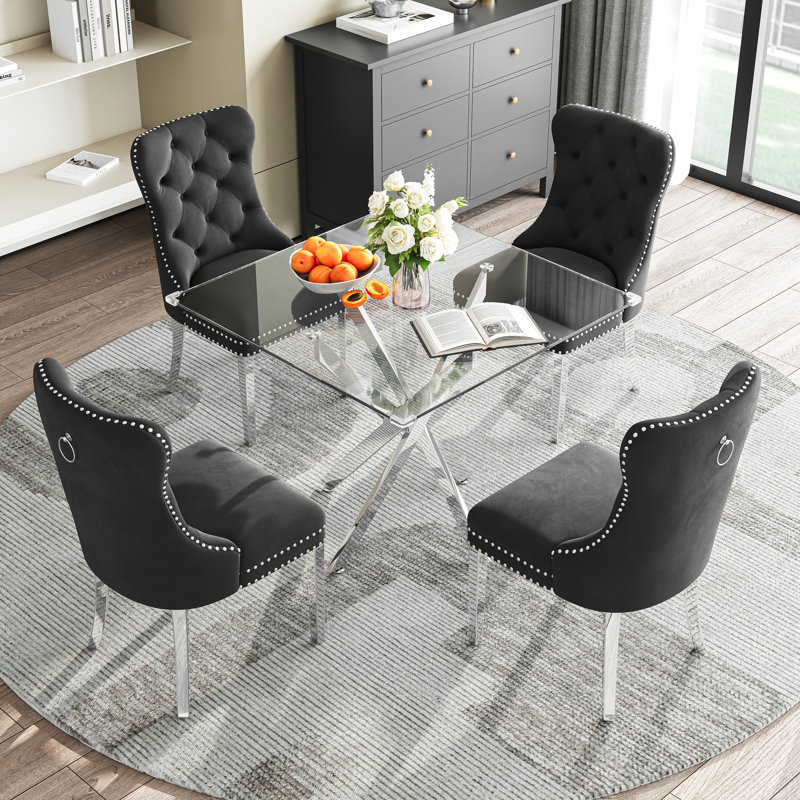 Modern Square Glass Dining Table Set for 4, 36" Tempered Glass Top with Velvet Tufted Nailhead Trim Chairs