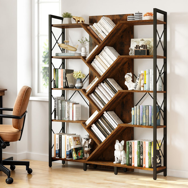 Mong Wood Etagere Bookcase, Industrial Bookshelf For Living Room, Bedroom