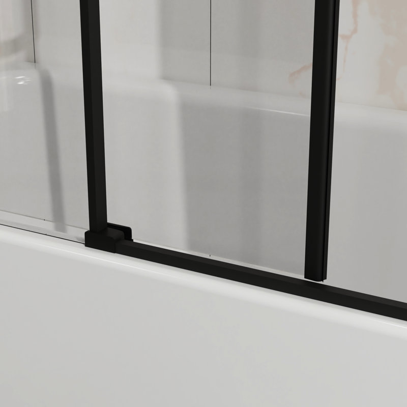 Porte de douche coulissante réglable 60 po, semi-Width 60 po, verre trempé transparent de 6 mm, technologie anti-éclaboussures, roulettes en acier inoxydable, porte coulissante semi-mate noire mat, verre de 6 mm, réglable de 56 po à 60 po,
