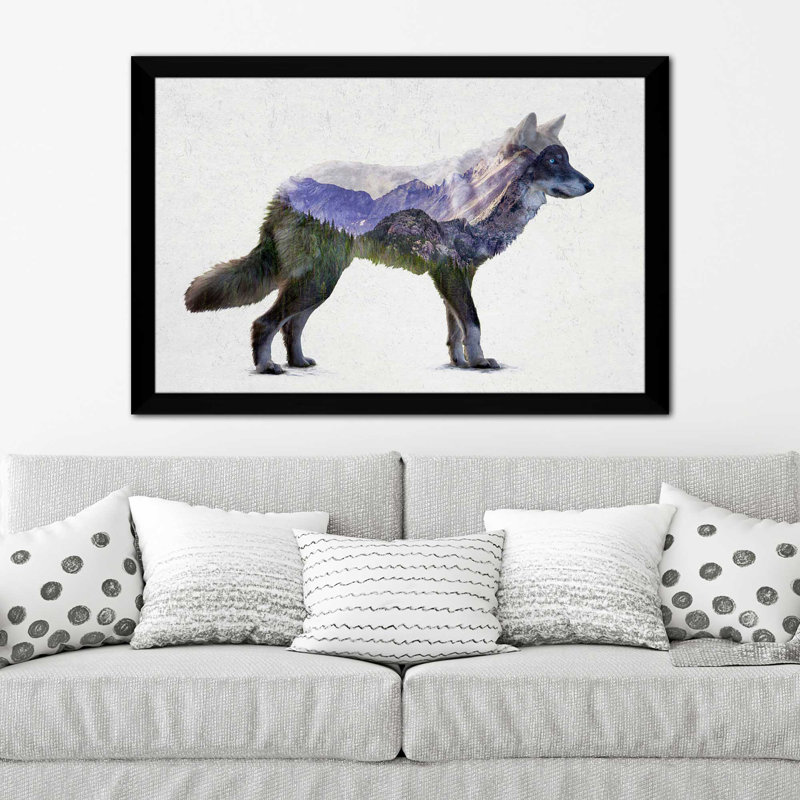 " Rocky Mountain Gray Wolf " by Davies Babies, 27.5" H x 39.5" W x 0.75" D, Black Framed