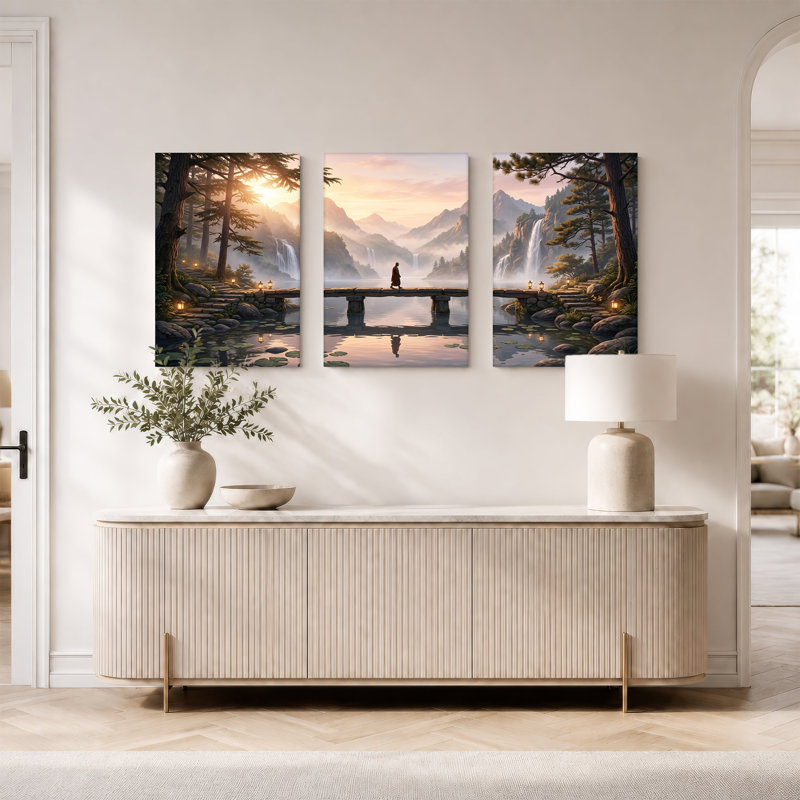 «Monk on Stone Bridge at Mountain Lake», ensemble de 3 toiles sur toile, 18"H x 12"W x 3pcs